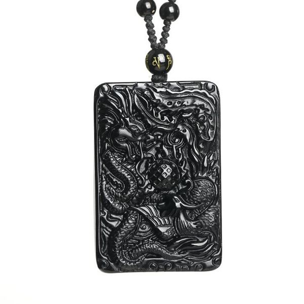 natural obsidian double dragon pearl pendant for men and women crystal jewelry necklace for men and women fine jewelry, Silver
